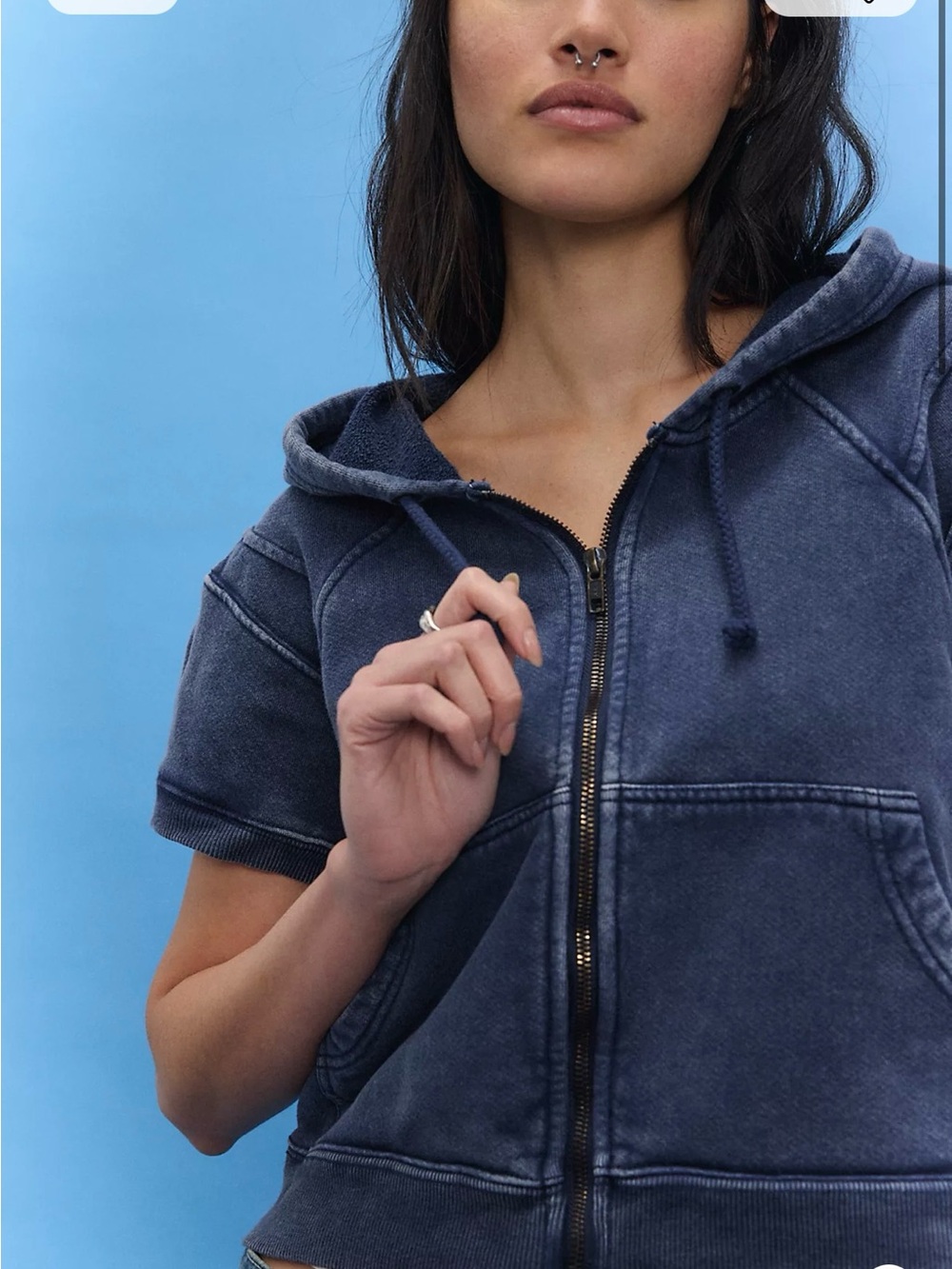 Brand new with tags Free People Washed Navy Short-Sleeve Zip Hoodie